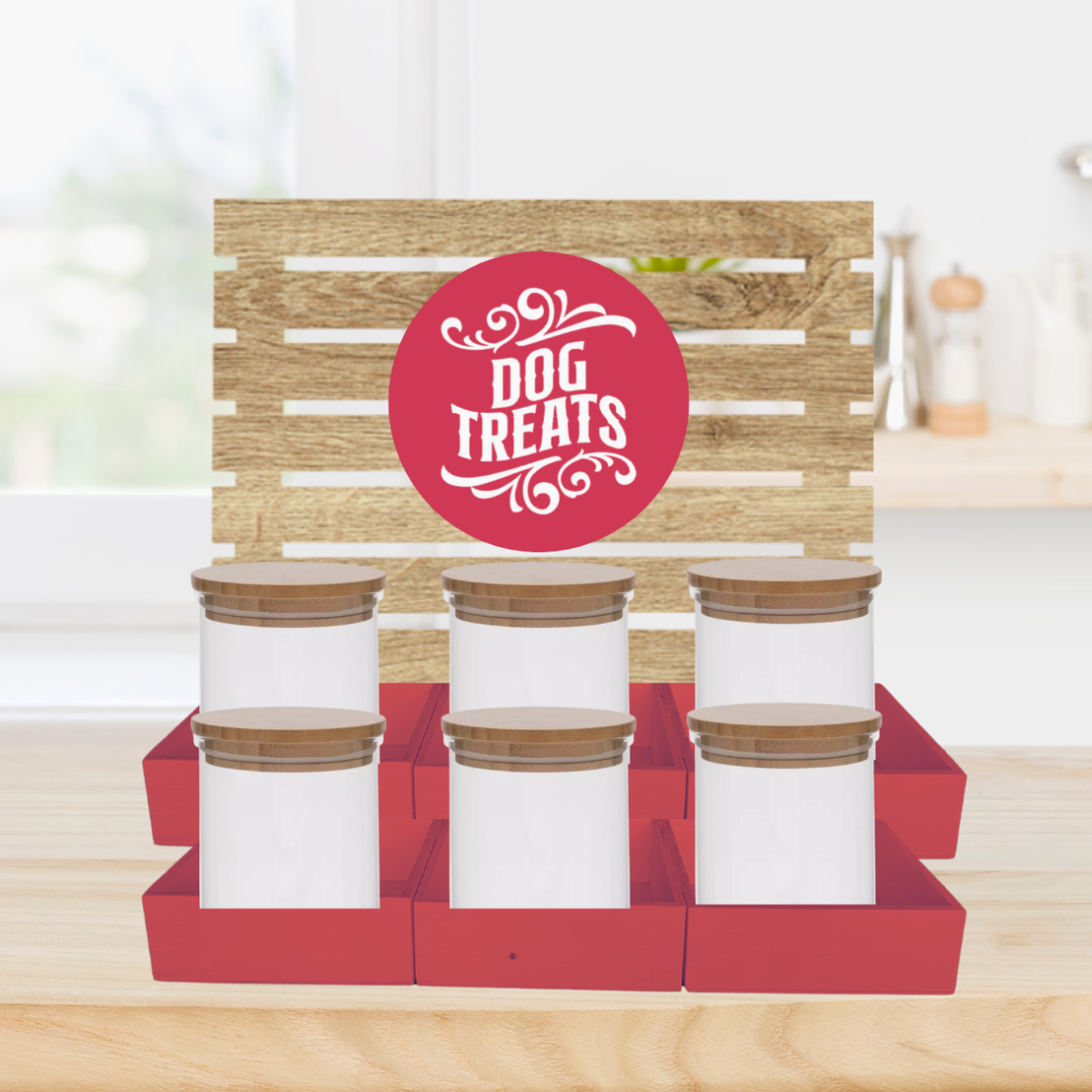 Red Dog Treat Jar Bar w/ Bamboo Canisters