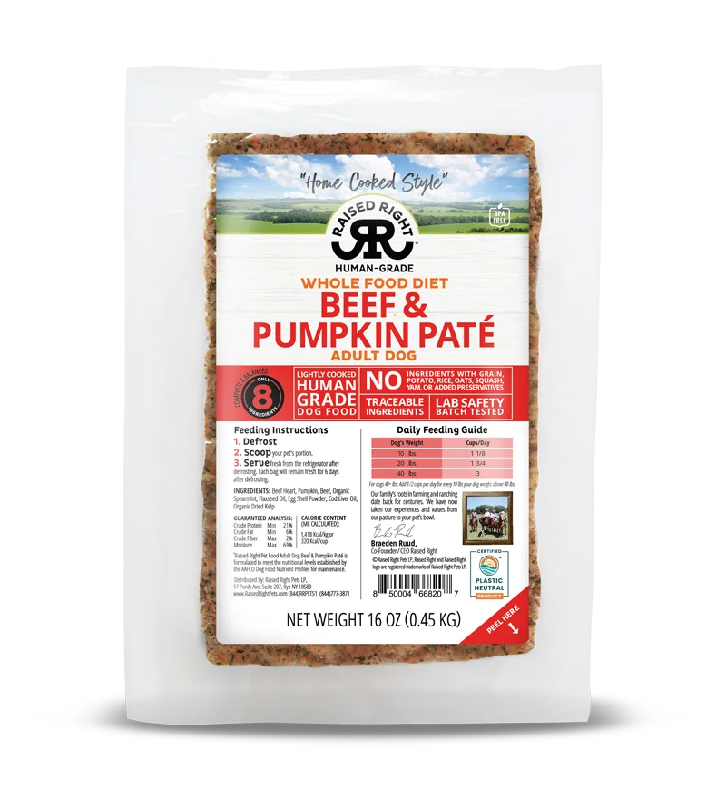 Raised Right Frozen Whole Food Diet Human Grade Recipes for Adult Dogs