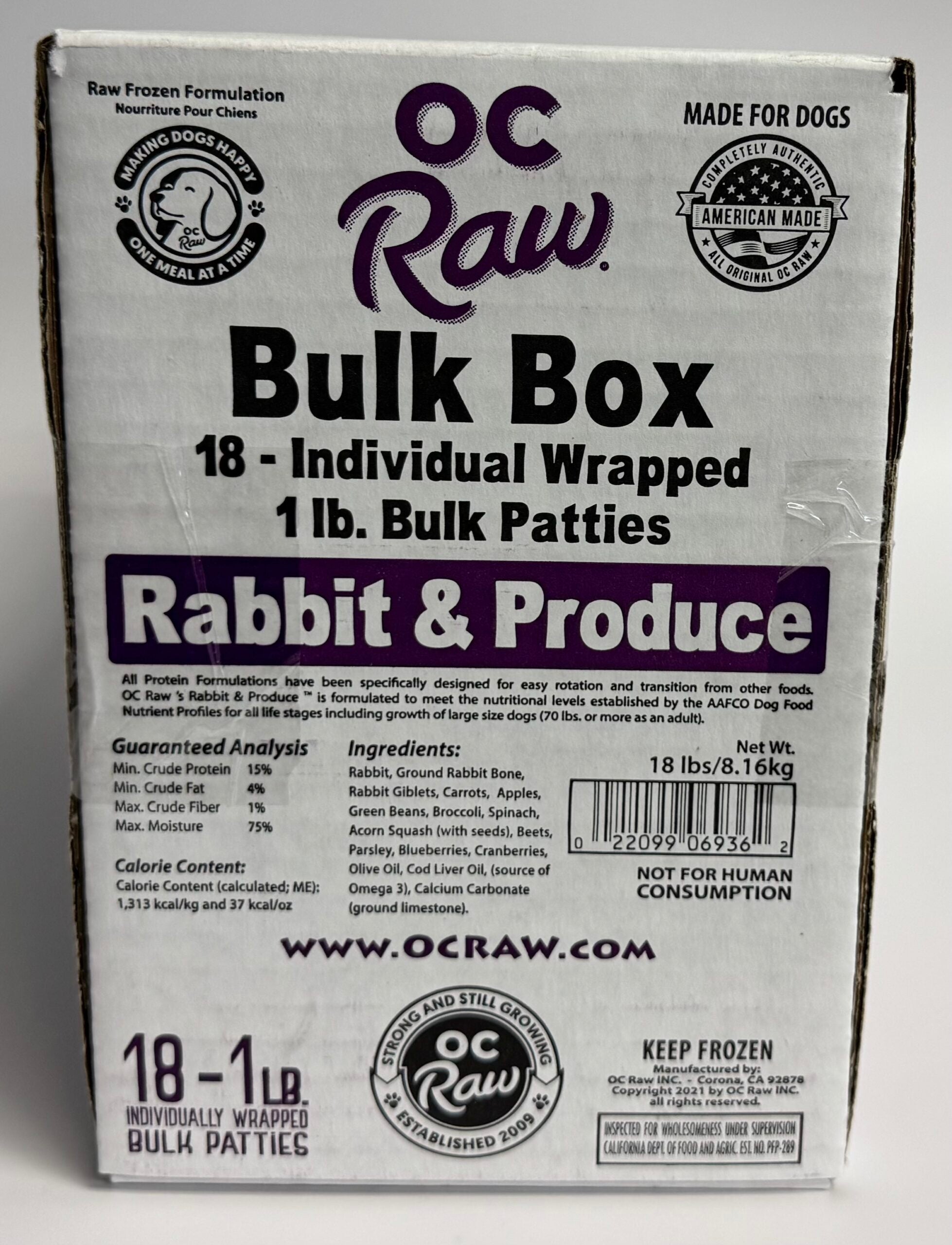 OC Raw Grain Free Bulk Raw Frozen Dog Food Box 18LB