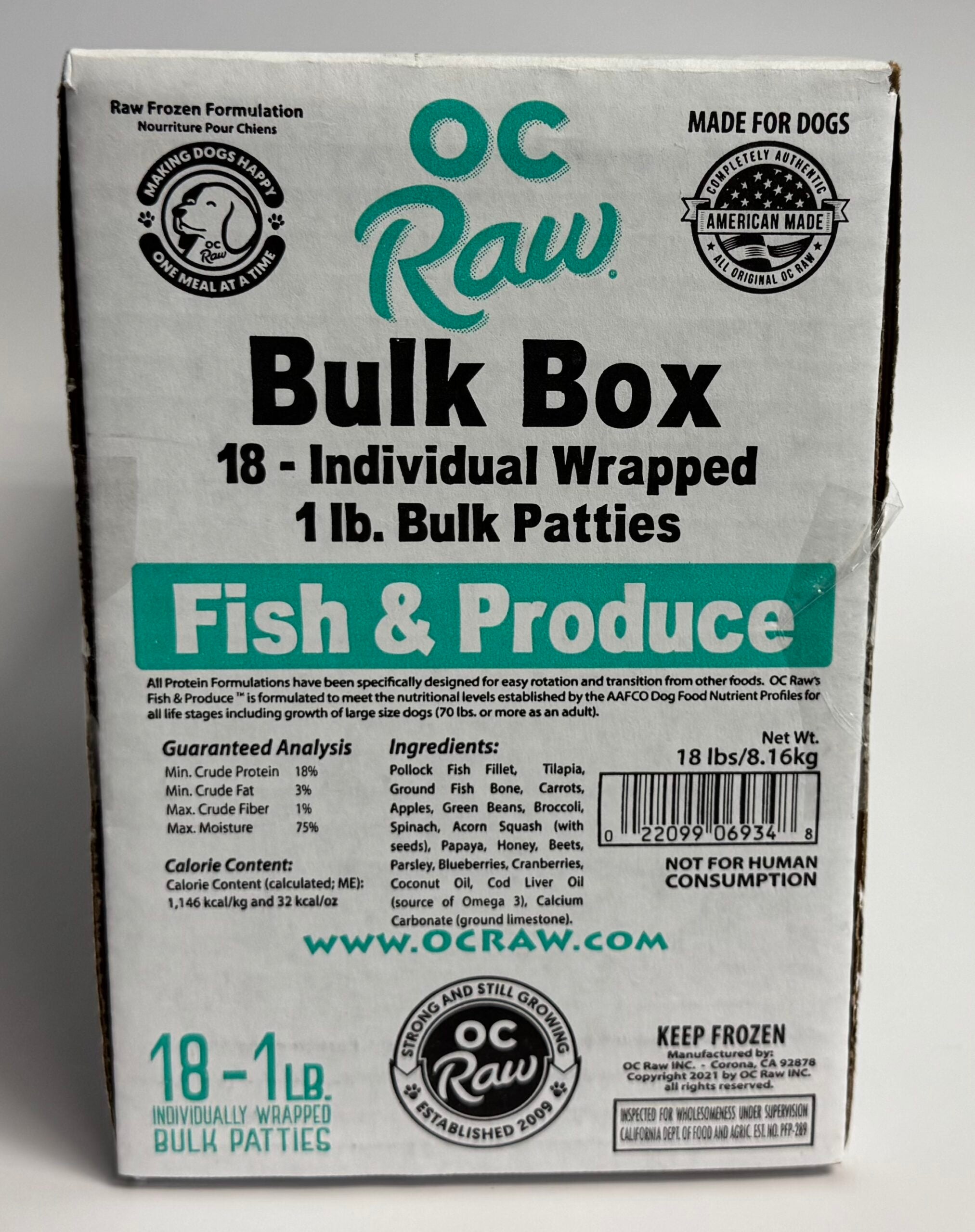 OC Raw Grain Free Bulk Raw Frozen Dog Food Box 18LB