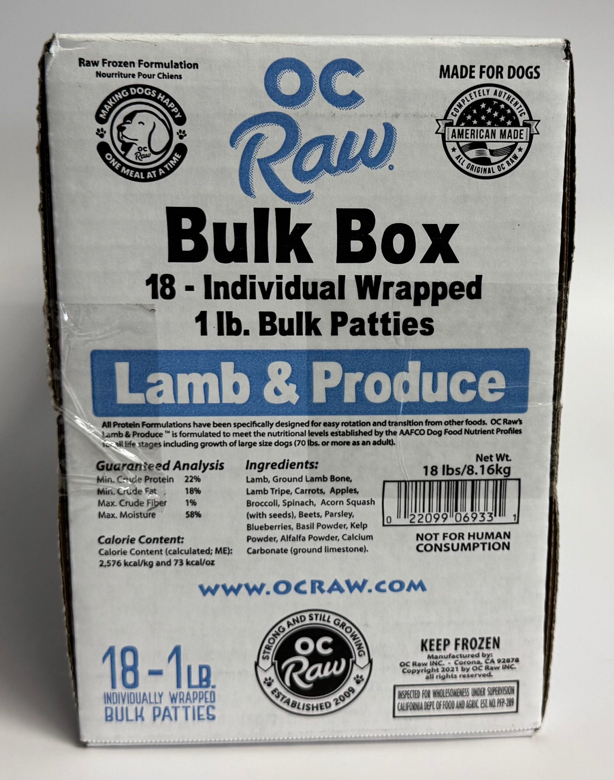OC Raw Grain Free Bulk Raw Frozen Dog Food Box 18LB