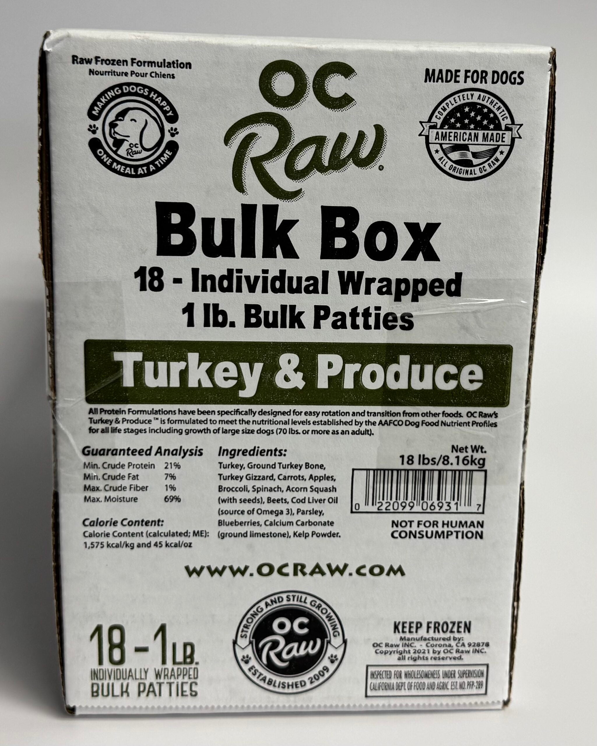 OC Raw Grain Free Bulk Raw Frozen Dog Food Box 18LB