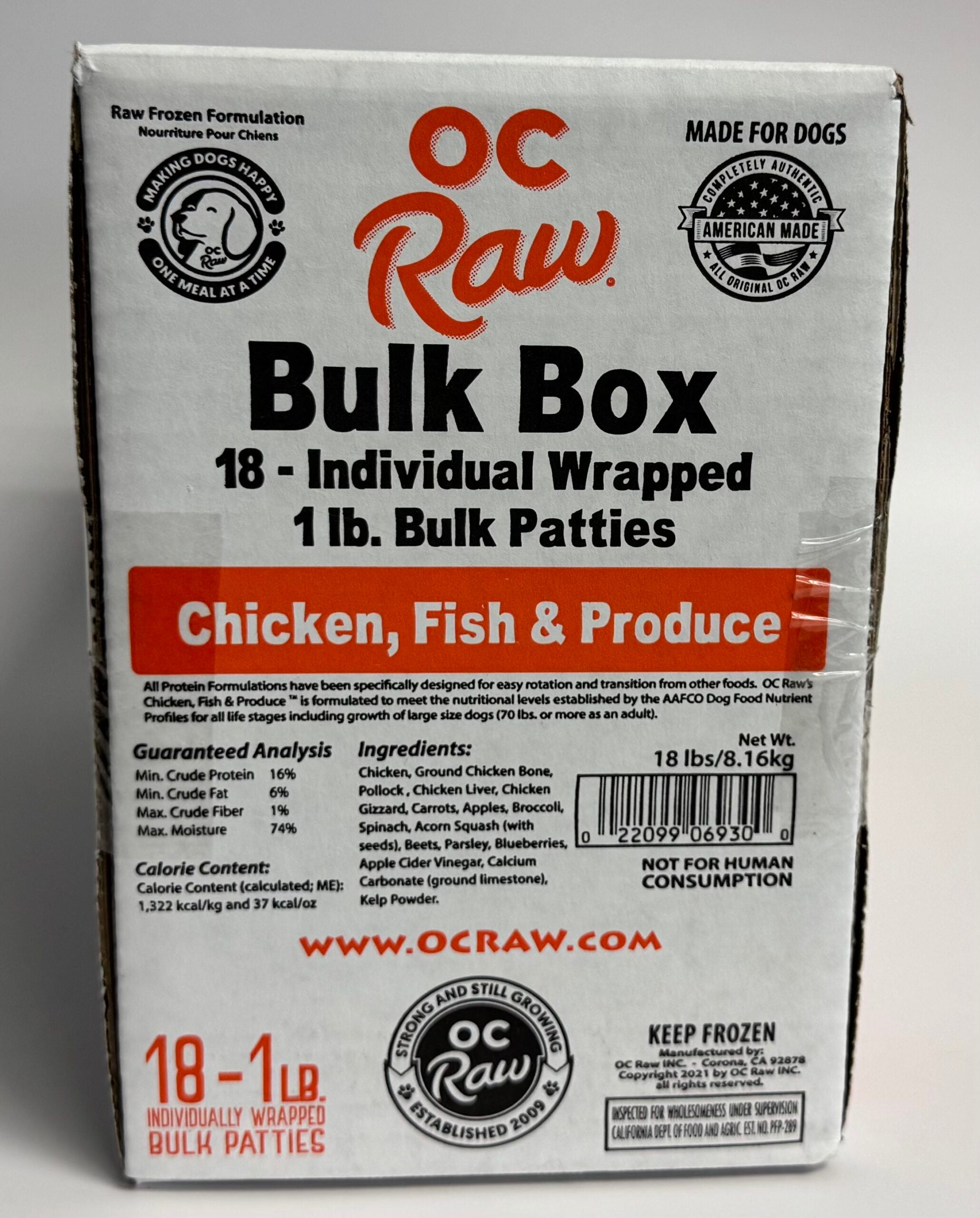 OC Raw Grain Free Bulk Raw Frozen Dog Food Box 18LB