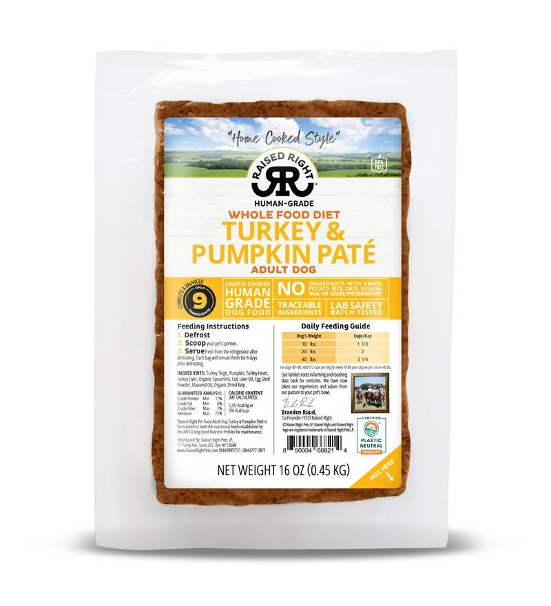 Raised Right Frozen Whole Food Diet Human Grade Recipes for Adult Dogs