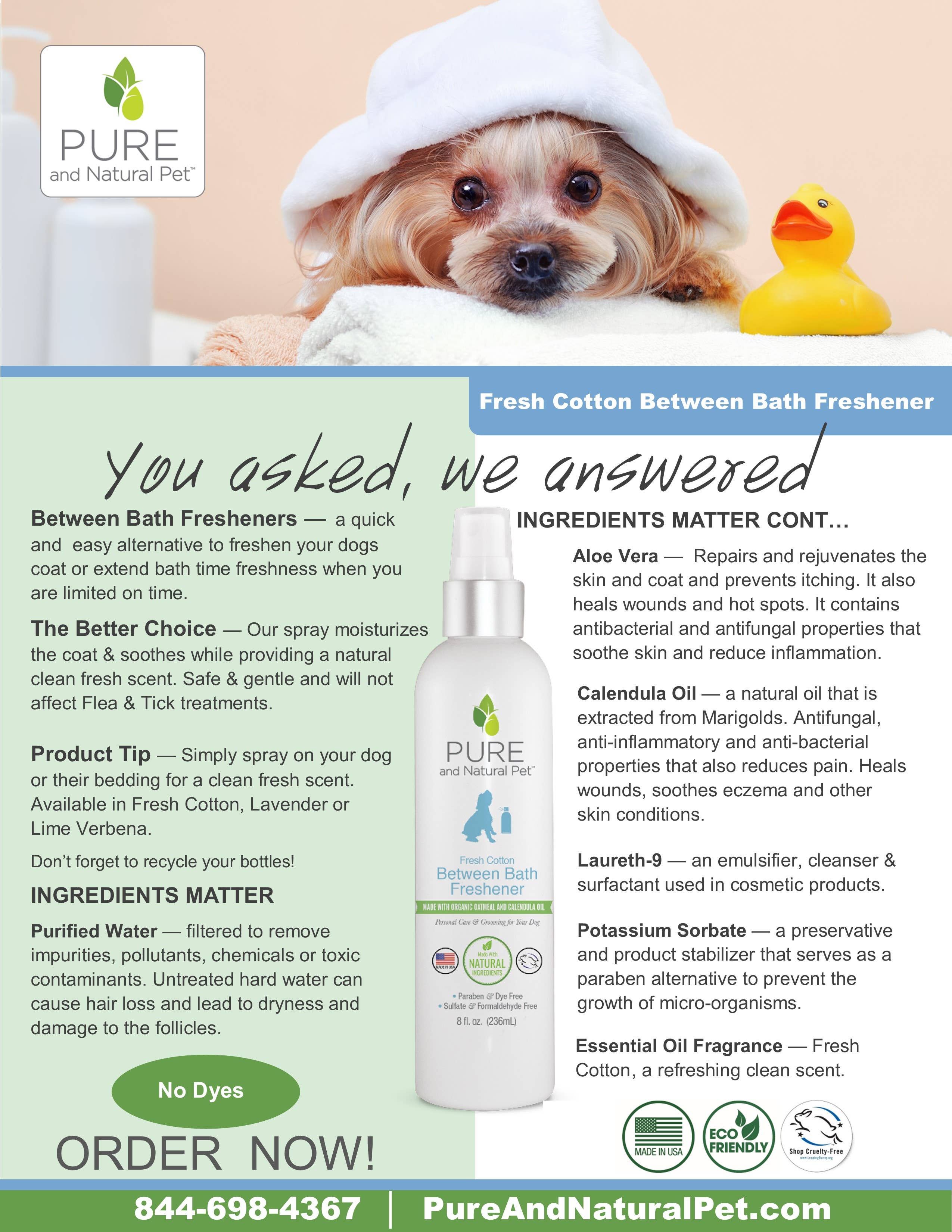 Pure and Natural Pet Between Bath Freshener for Dogs, Fresh Cotton