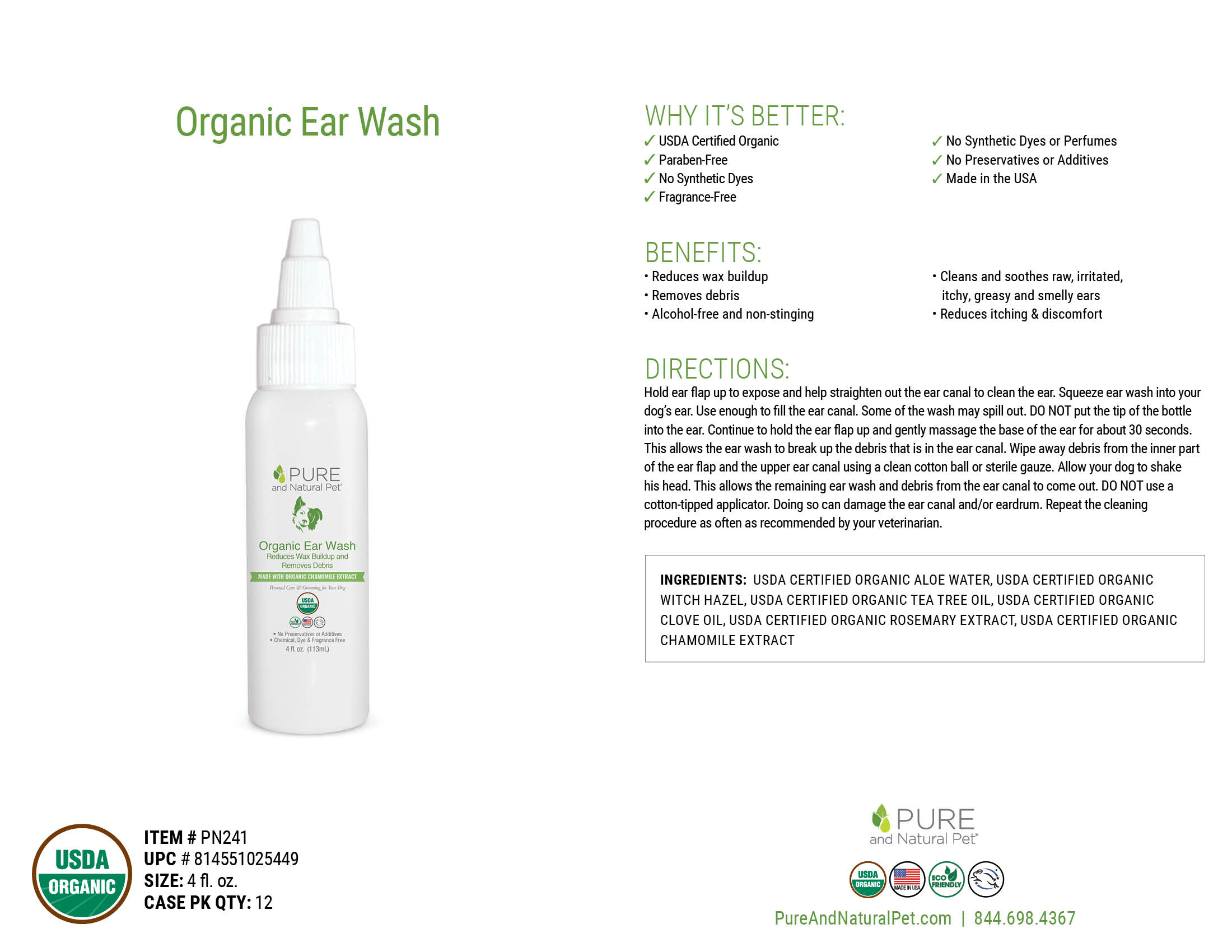 Pure and Natural Pet Ear Wash for Dogs 4oz