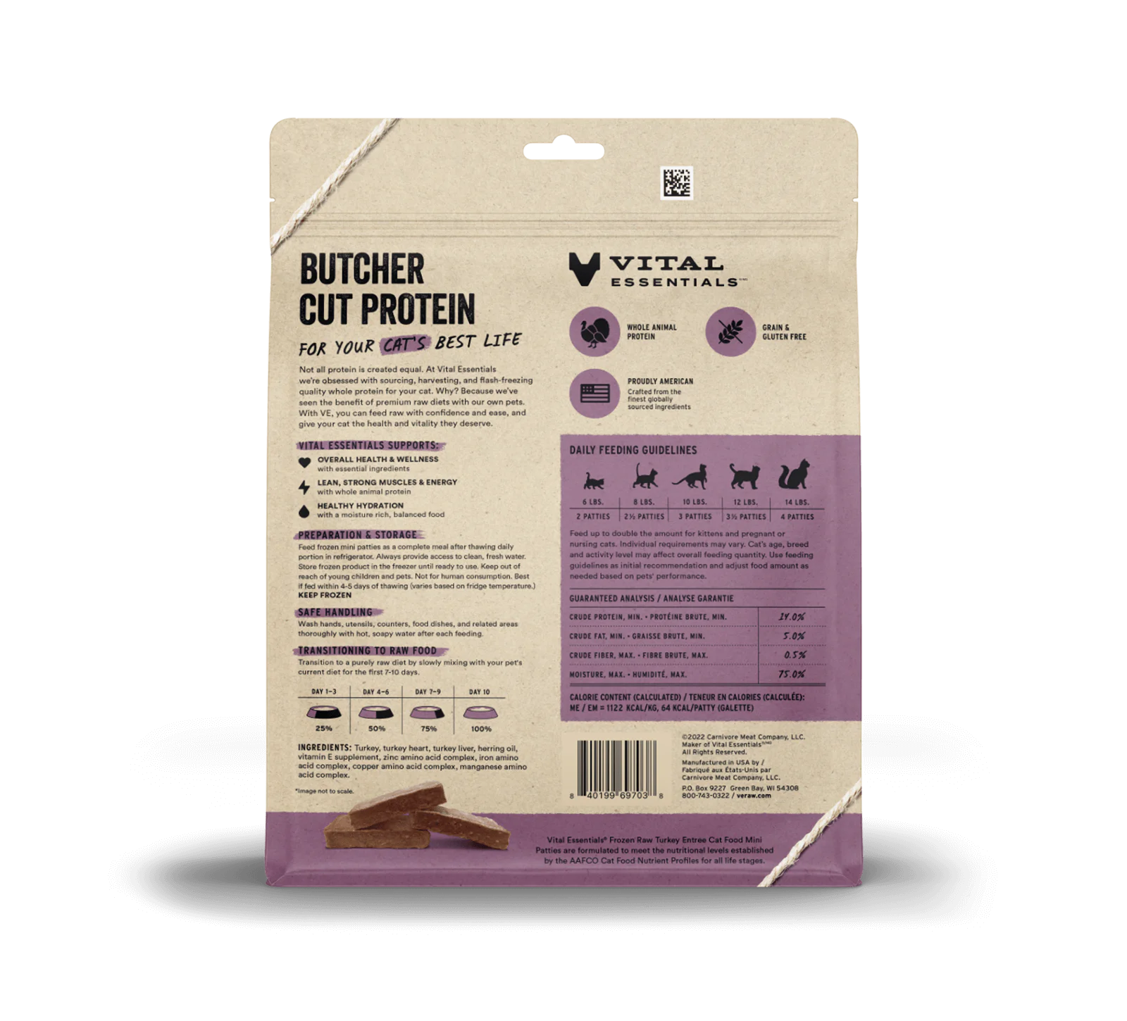 Vital Essentials Cat Raw Frozen Mini Patties Turkey Cat Food