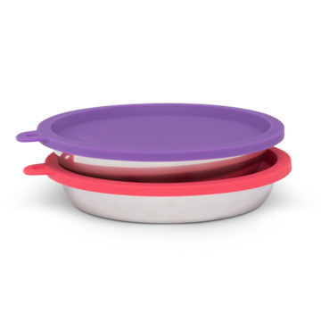 Messy Mutts 4 Piece Box Set - 2 Stainless Saucer Shaped Bowls + 2 Silicone Lids