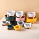 PAWPAW Raised Ceramic Pet Bowl Set with Wooden Stand