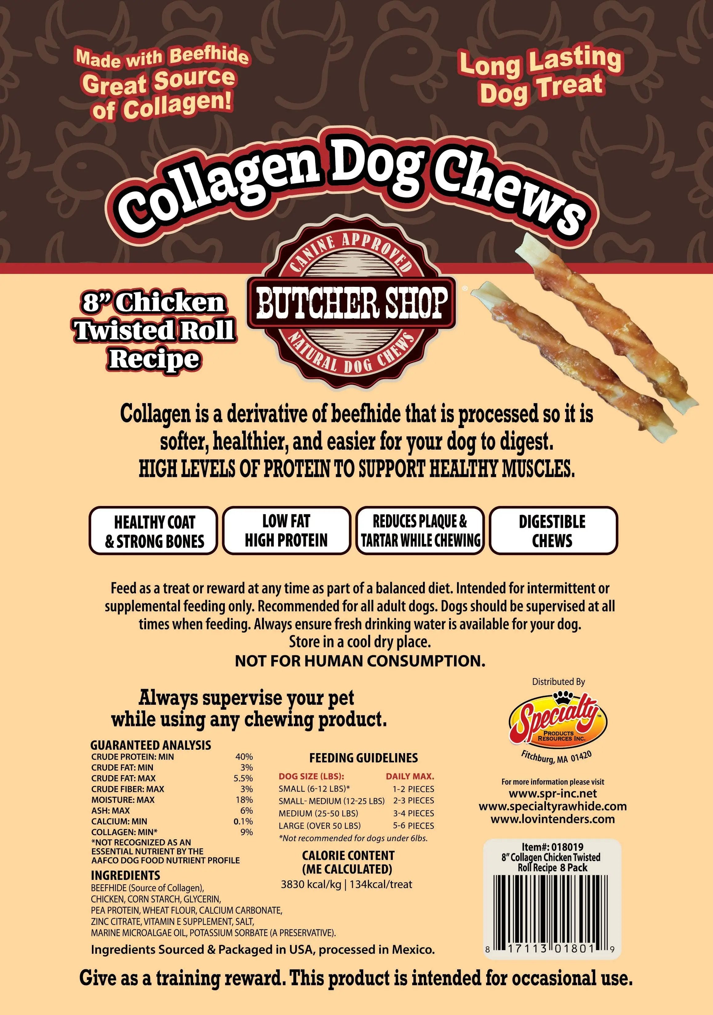 Lovin Tenders Butcher Shop Collagen Dog Chews 8" Chicken Twisted Roll 8-Pk