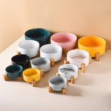 PAWPAW Raised Ceramic Pet Bowl Set with Wooden Stand