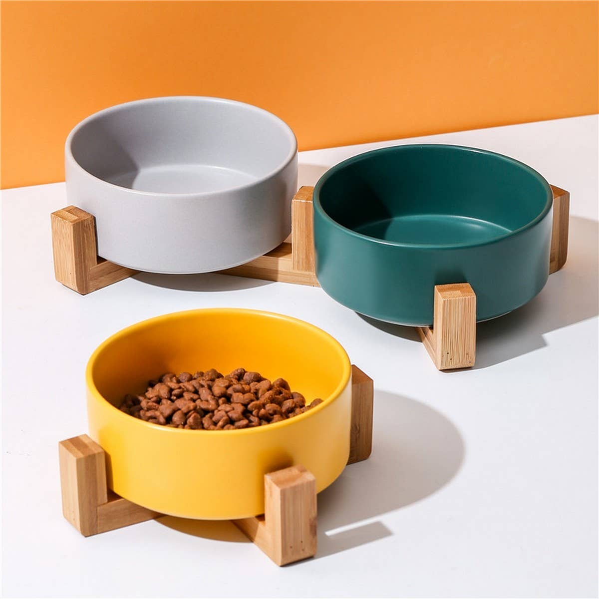 PAWPAW Raised Ceramic Pet Bowl Set with Wooden Stand