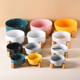 PAWPAW Raised Ceramic Pet Bowl Set with Wooden Stand