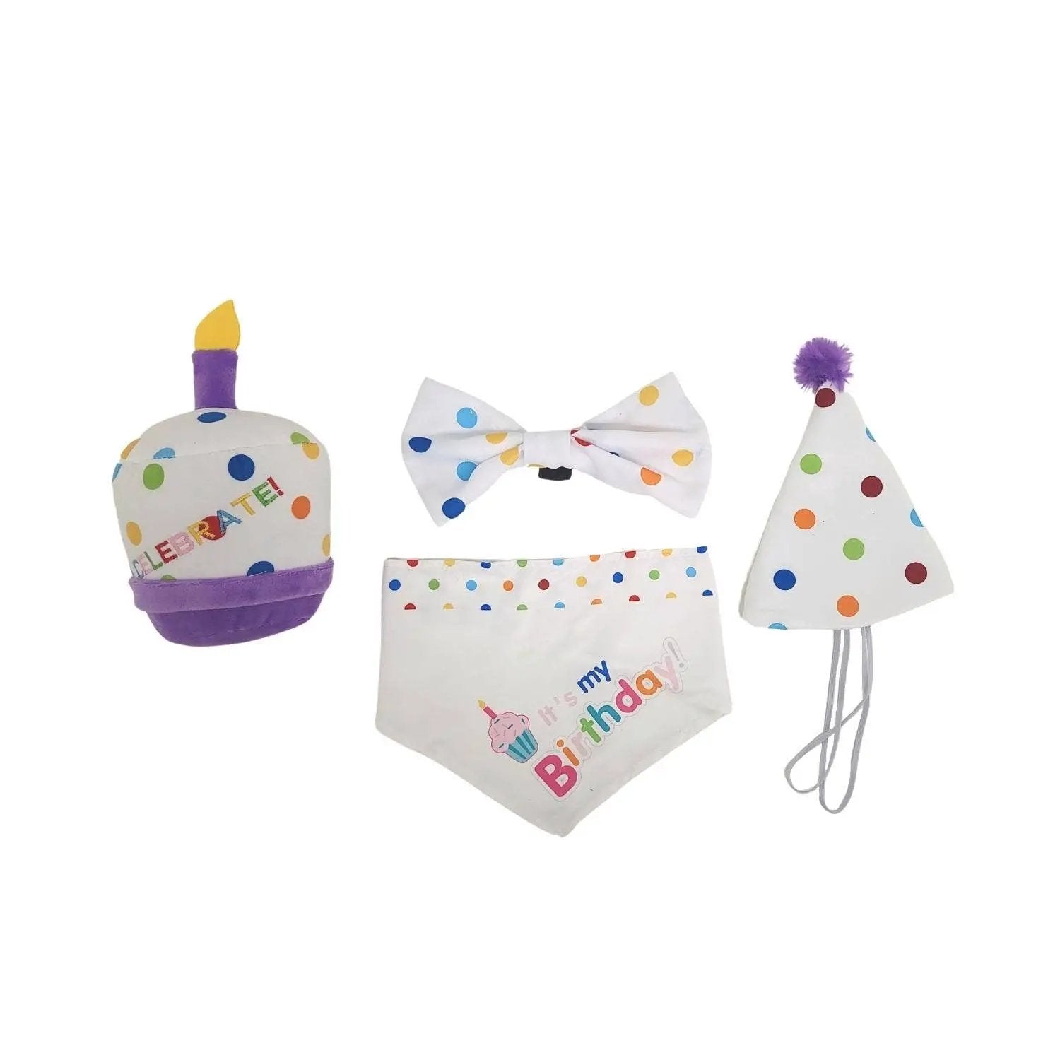Jojo Modern Pets 4-Piece Dog Birthday Kit: Bandana, Hat, Bow Tie, Plush Toy