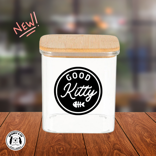 Sparky & Co "Good Kitty" Small Square Glass Treat Canister Jar With Airtight Bamboo Lid 26oz