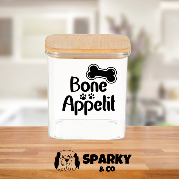 Sparky & Co Small Squared Bone Apetite Glass Treat Canister With Bamboo Lid 26oz