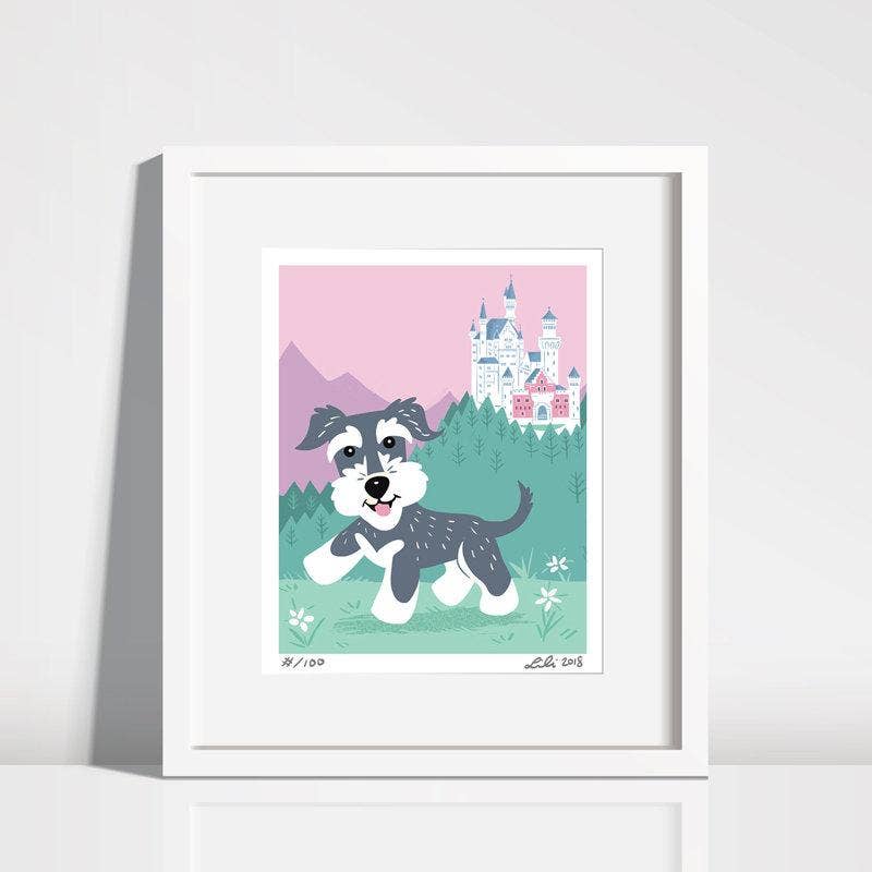 Doggie Drawings Schnauzer Puppy Neuschwanstein Castle Art Print 8'' x 10'' - Paw Naturals
