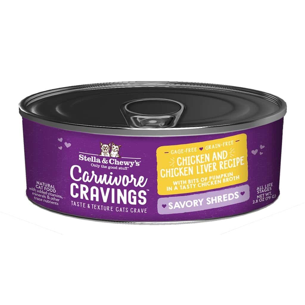 Stella & Chewy's Carnivore Cravings Savory Shreds Canned Cat Food Chicken & Liver / 2.8oz - Paw Naturals