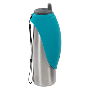 Messy Mutts Double Wall Vacuum Insulated Stainless Steel Travel Water Bottle with Silicone Flip Bowl 20z Blue - Paw Naturals