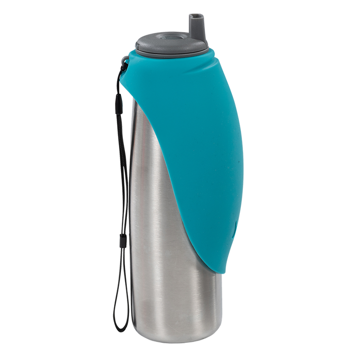 Messy Mutts Double Wall Vacuum Insulated Stainless Steel Travel Water Bottle with Silicone Flip Bowl 20z Blue - Paw Naturals
