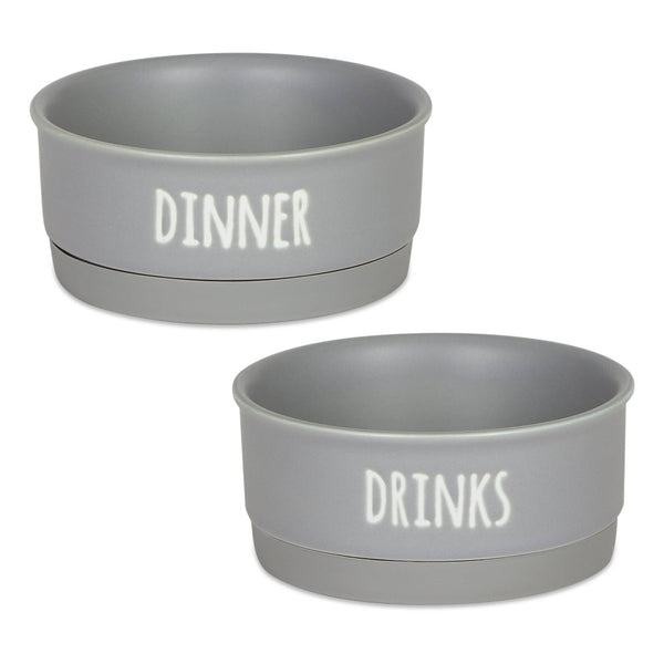 Bone Dry Farmhouse Style Pet Bowl Dinner And Drinks in Gray (Set of 2)