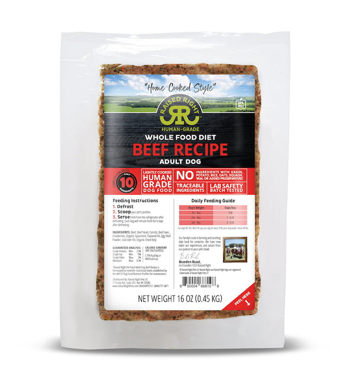 Raised Right Human-Grade Raw Frozen Whole Food Diet for Adult Dogs Beef - Paw Naturals