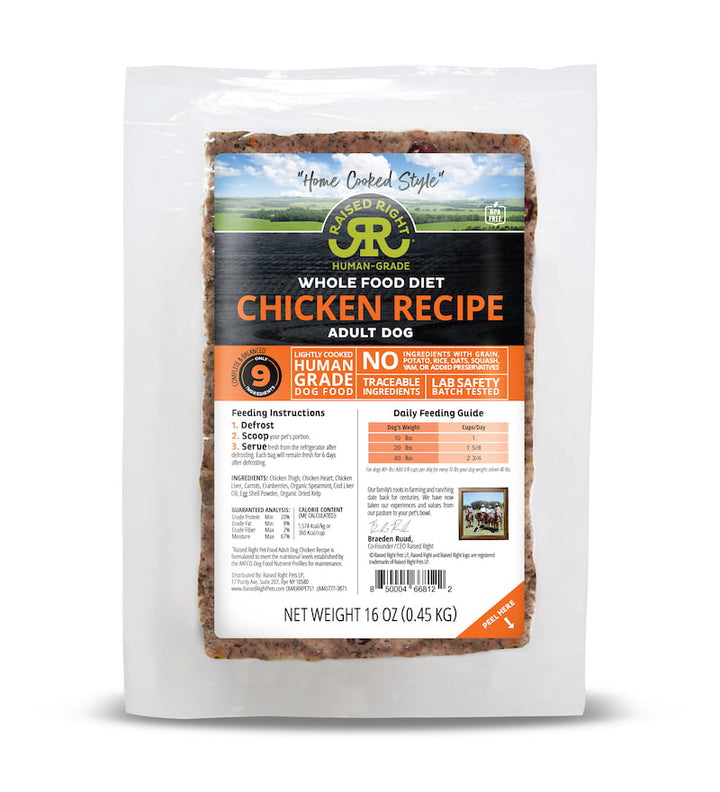 Raised Right Human-Grade Raw Frozen Whole Food Diet for Adult Dogs Chicken - Paw Naturals