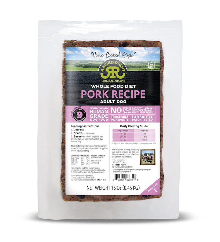 Raised Right Human-Grade Raw Frozen Whole Food Diet for Adult Dogs Pork - Paw Naturals