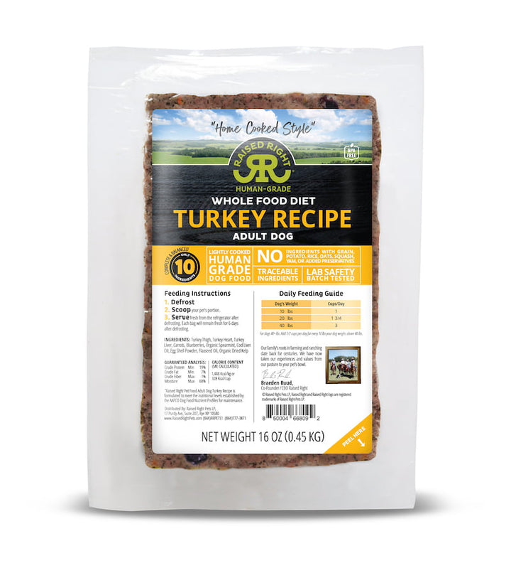 Raised Right Human-Grade Raw Frozen Whole Food Diet for Adult Dogs Turkey - Paw Naturals