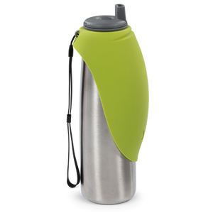 Messy Mutts Double Wall Vacuum Insulated Stainless Steel Travel Water Bottle with Silicone Flip Bowl 20z Green - Paw Naturals