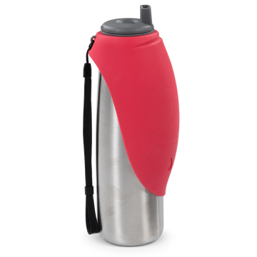 Messy Mutts Double Wall Vacuum Insulated Stainless Steel Travel Water Bottle with Silicone Flip Bowl 20z Watermelon - Paw Naturals