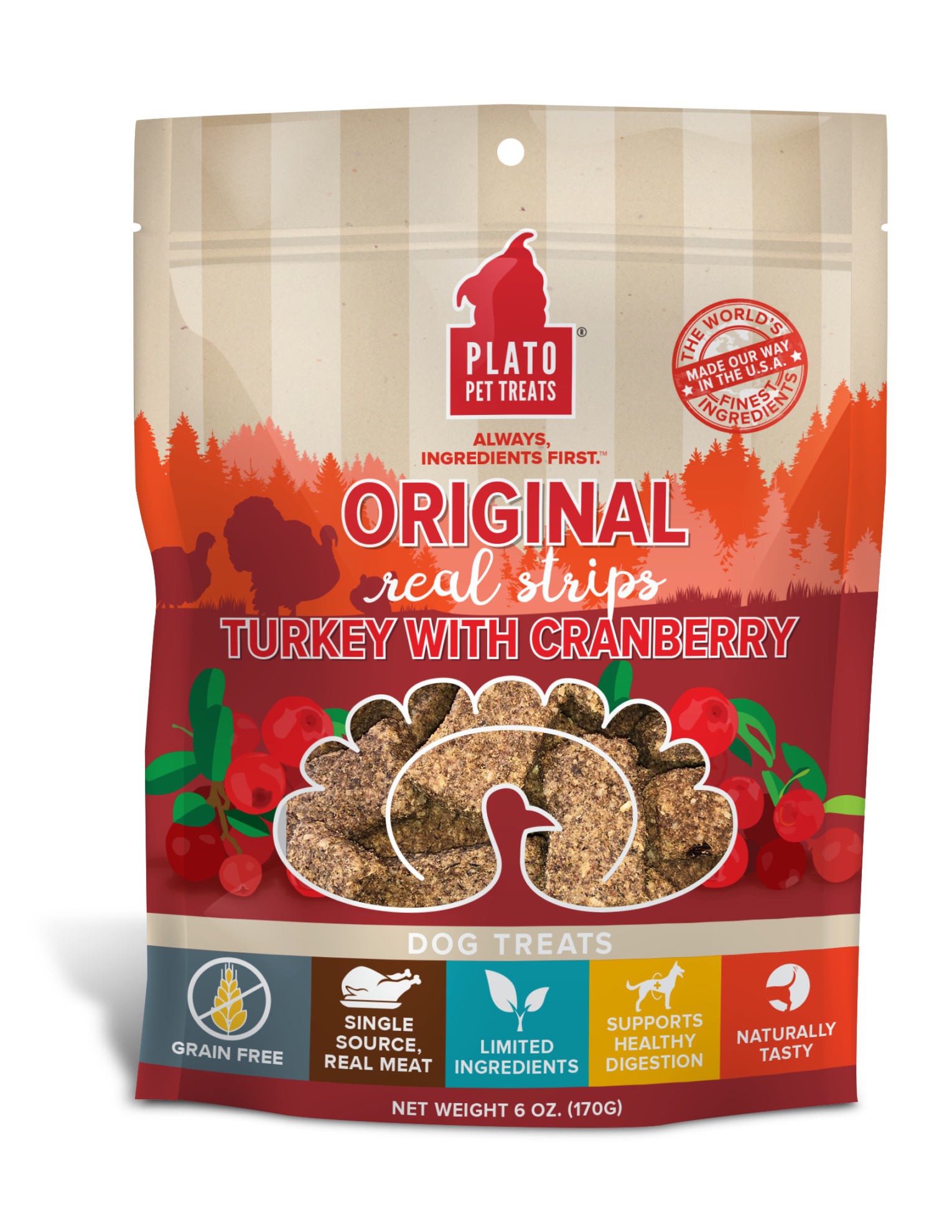 Plato Original Real Meat Strips Dog Treats 18oz / Turkey with Cranberry - Paw Naturals