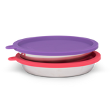 Messy Mutts 4 Piece Box Set - 2 Stainless Saucer Shaped Bowls + 2 Silicone Lids